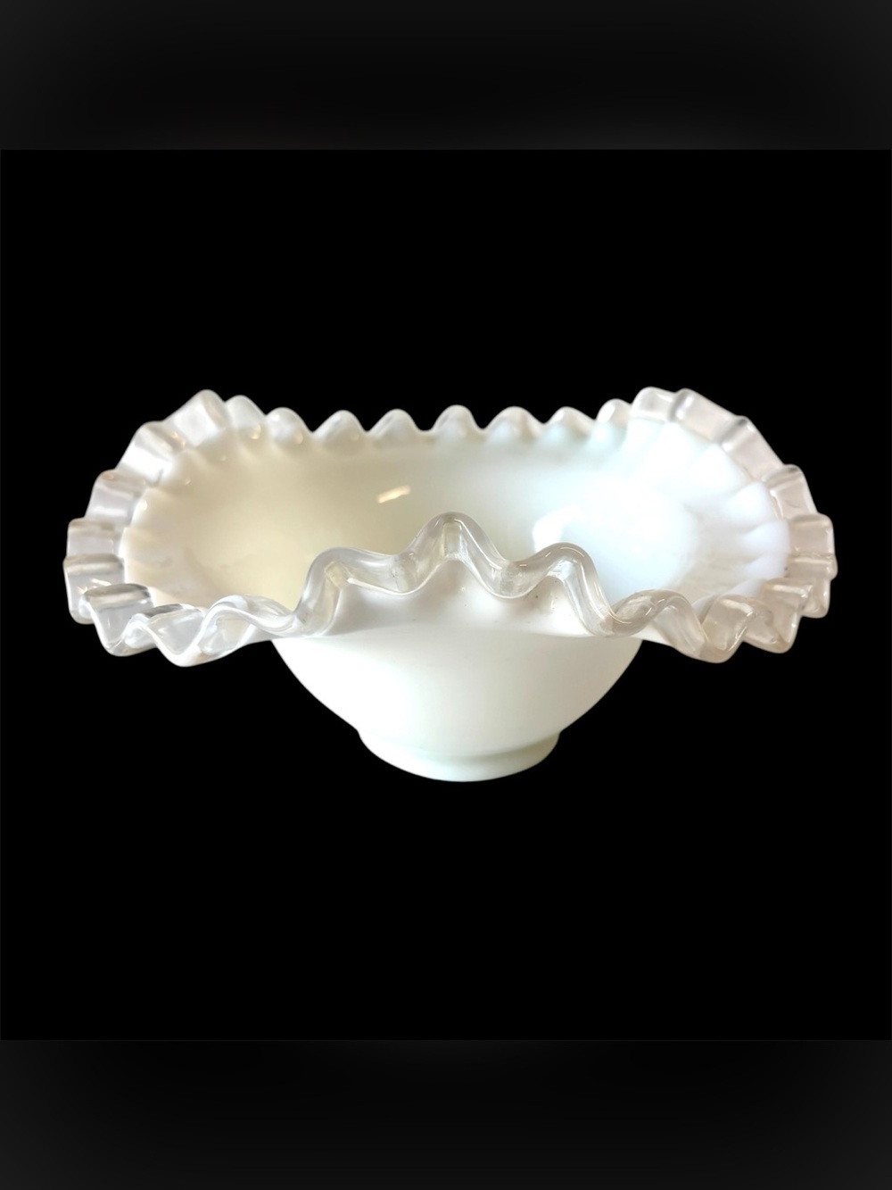 Fenton Silver Crest Ruffled Edge Milk Glass Bowl with Clear Edge 7" Vintage
